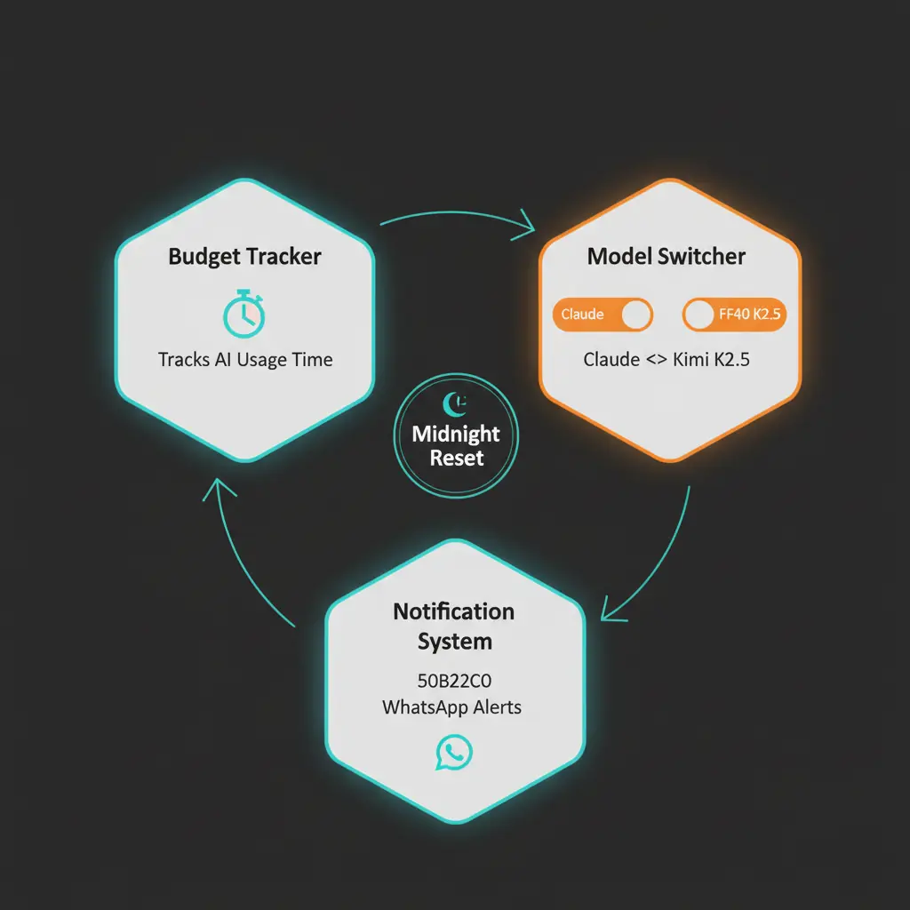 Diagramme d'architecture OpenClaw Smart Model Manager montrant trois composants interconnectés : Budget Tracker surveillant le temps d'utilisation IA, Model Switcher basculant automatiquement entre Claude et Kimi K2.5, et Notification System envoyant des alertes WhatsApp, le tout synchronisé avec réinitialisation à minuit pour gestion budget quotidien