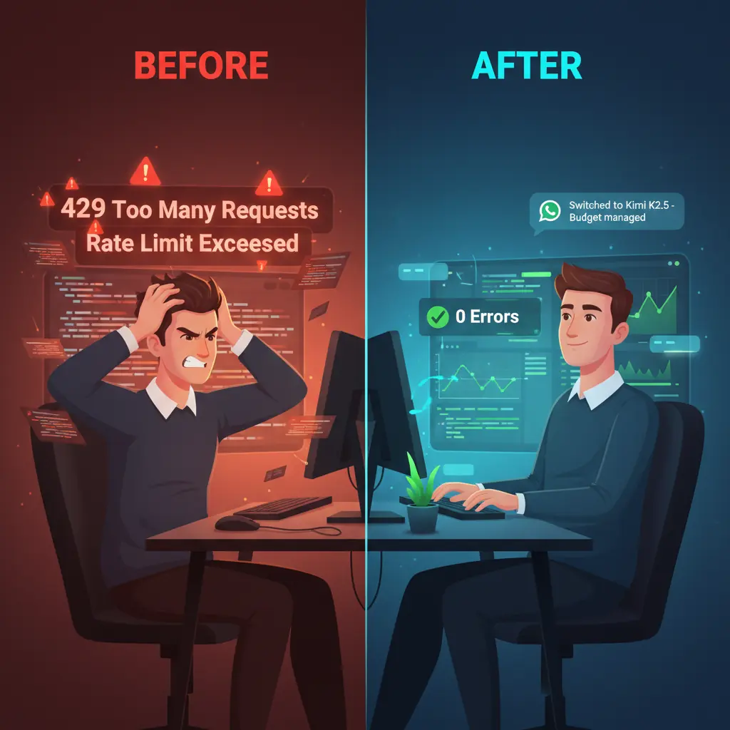 Comparaison avant-après de la solution OpenClaw rate limiting - côté gauche développeur frustré face aux erreurs 429 Too Many Requests et avertissements rate limit Claude dépassé dans chaos rouge, côté droit développeur calme avec tableau de bord zéro erreur, coches vertes, et notifications WhatsApp confirmant basculement réussi vers modèle Kimi K2.5 et gestion budget automatisée